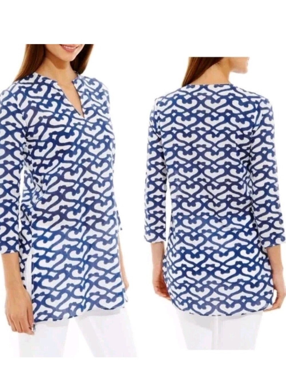Roberta Roller Rabbit Big Cata Kurta Slits Tunic Cover Up Blouse Blue White M
